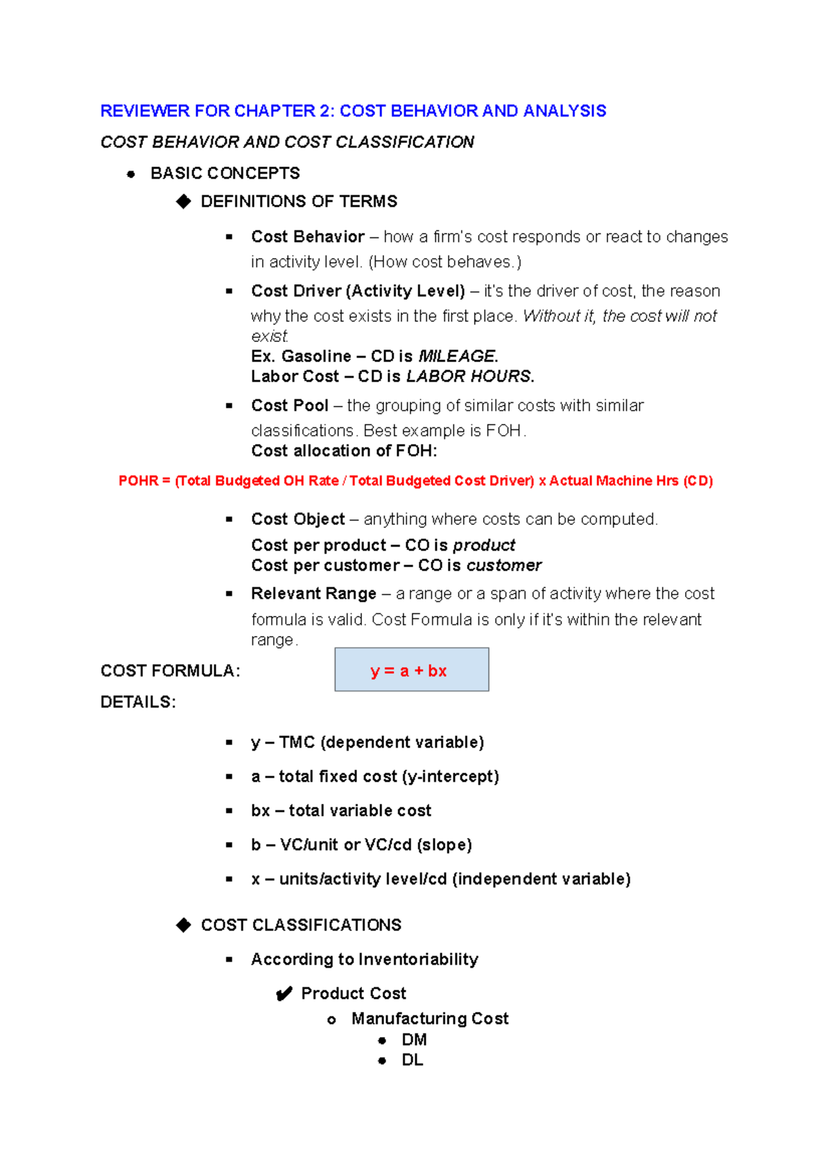 Chapter 2 Reviewer: Cost Behavior & Analysis - StratCost KGA - Studocu