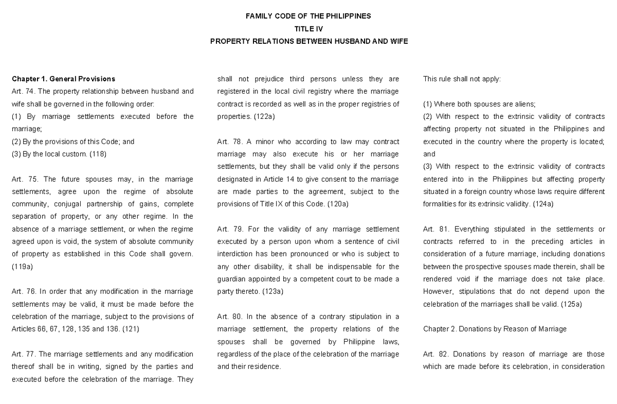 Property Relations Between Husband and Wife (Family Code) - Studocu