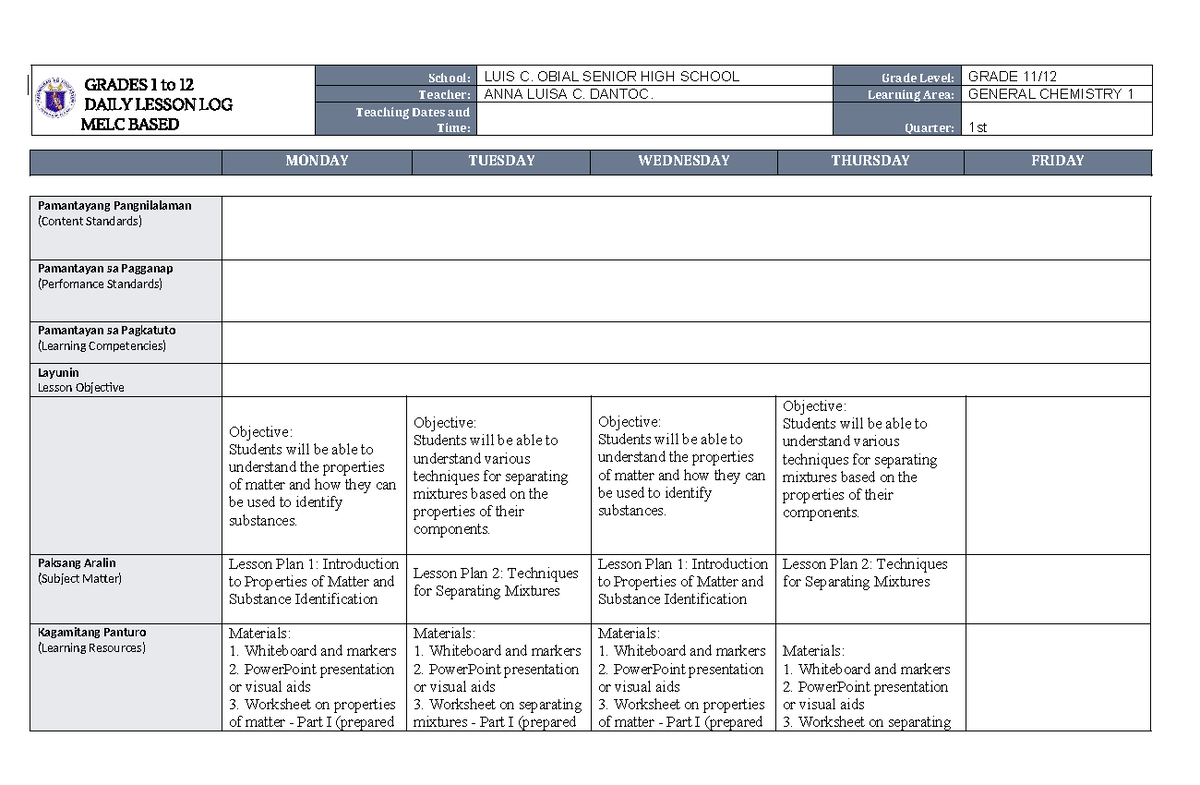 WEEK 1 - Final Exam Lesson Plans for General Chemistry 1 - Studocu