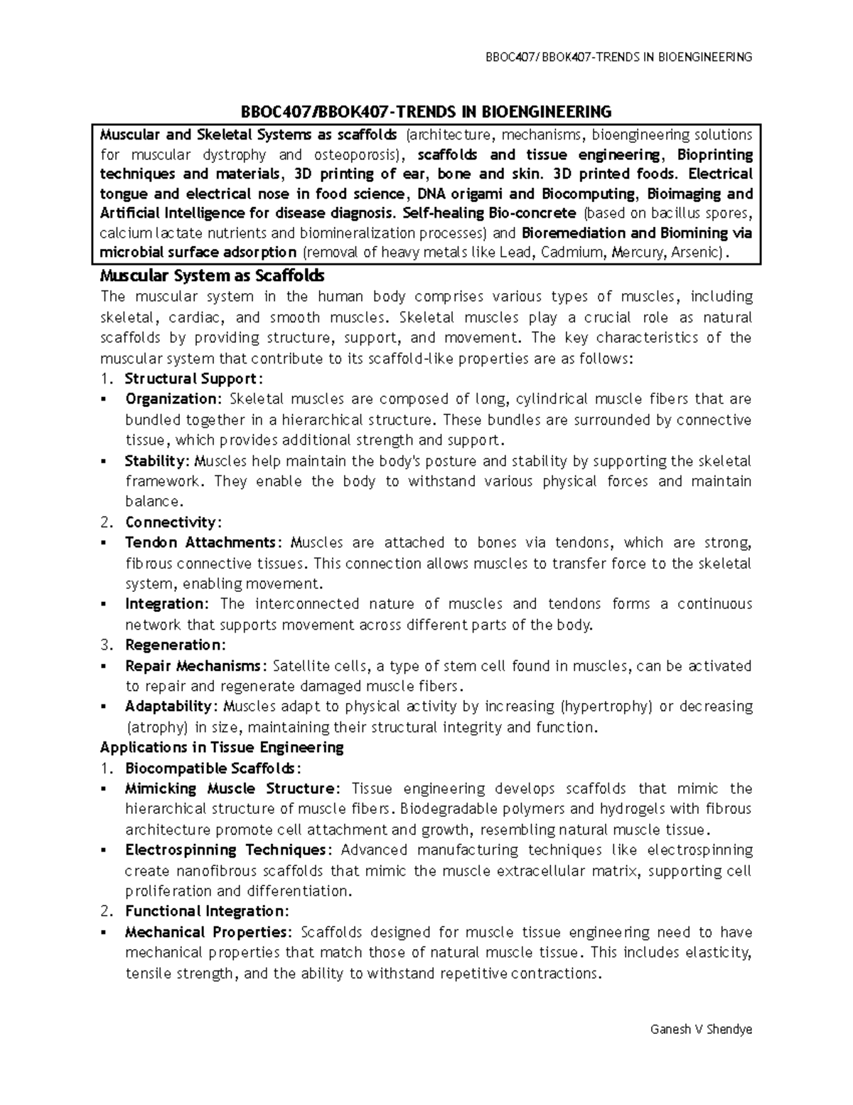Bio-5 Lecture Notes: Muscular & Skeletal Systems in Bioengineering ...