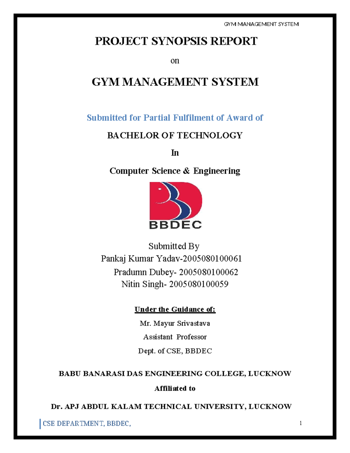 GYM MANAGEMENT SYSTEM PROJECT SYNOPSIS REPORT (CSE 2023) - Studocu