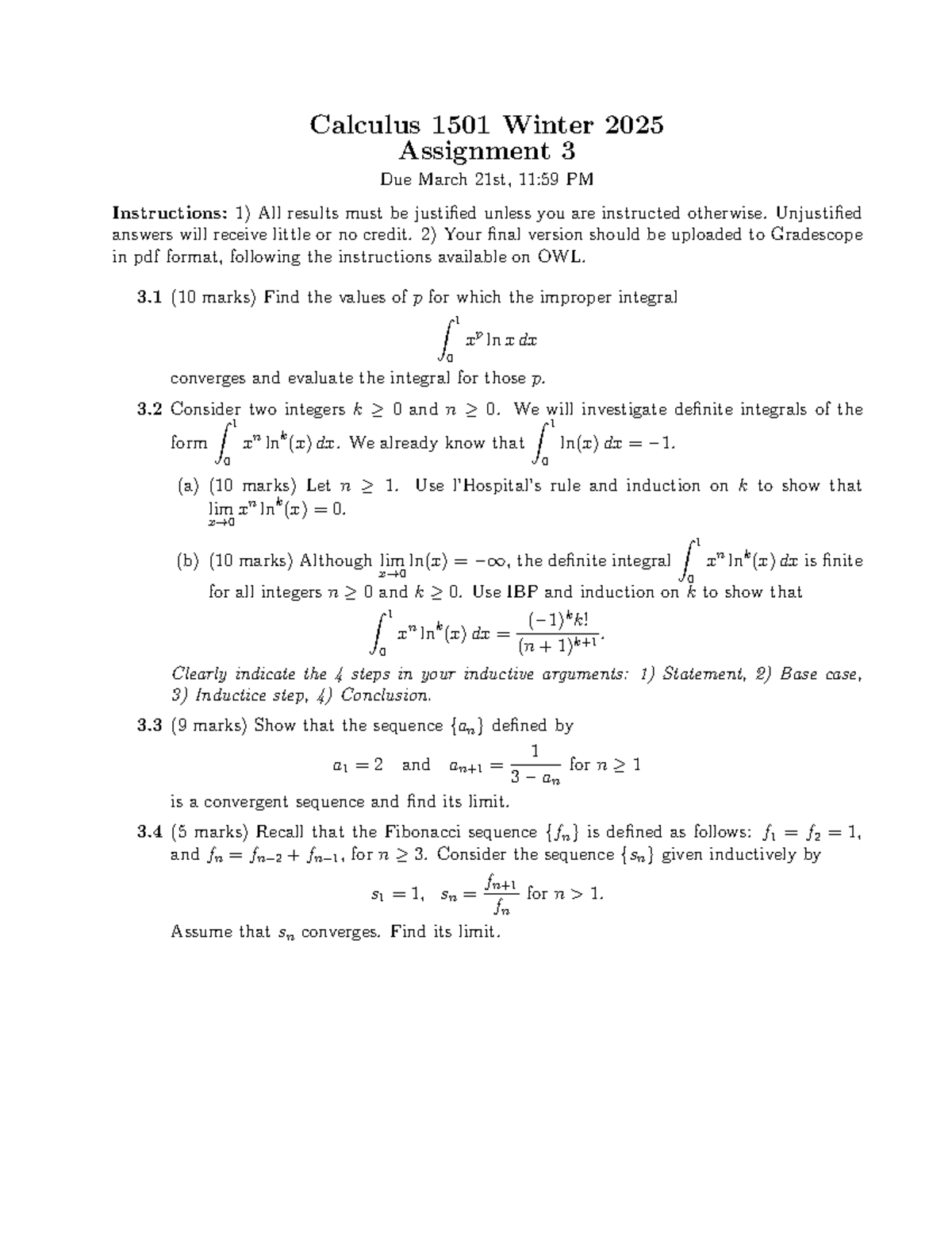 Calculus 1501 Winter 2025 Assignment 3 instructions and problems - Studocu