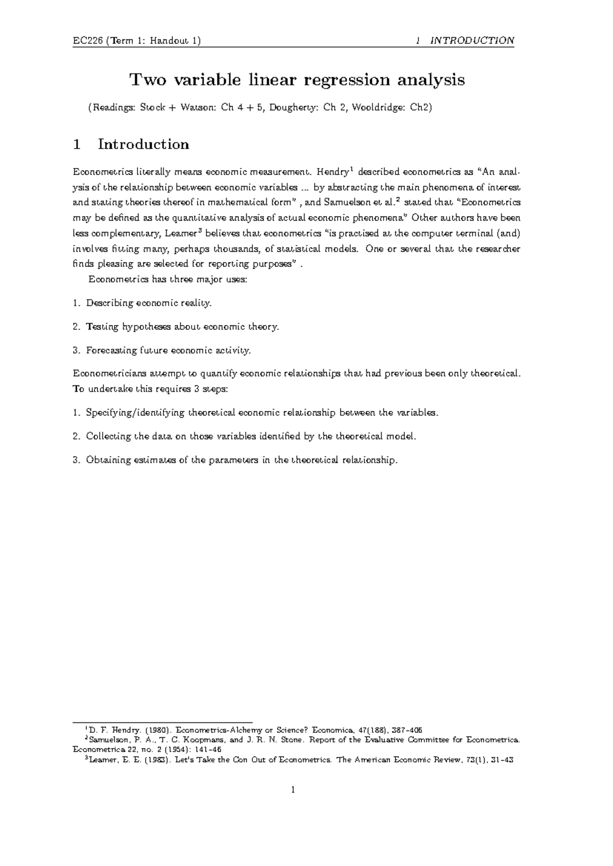 Handout - Two Variable Regression - EC226 (Term 1: Handout 1) 1 ...