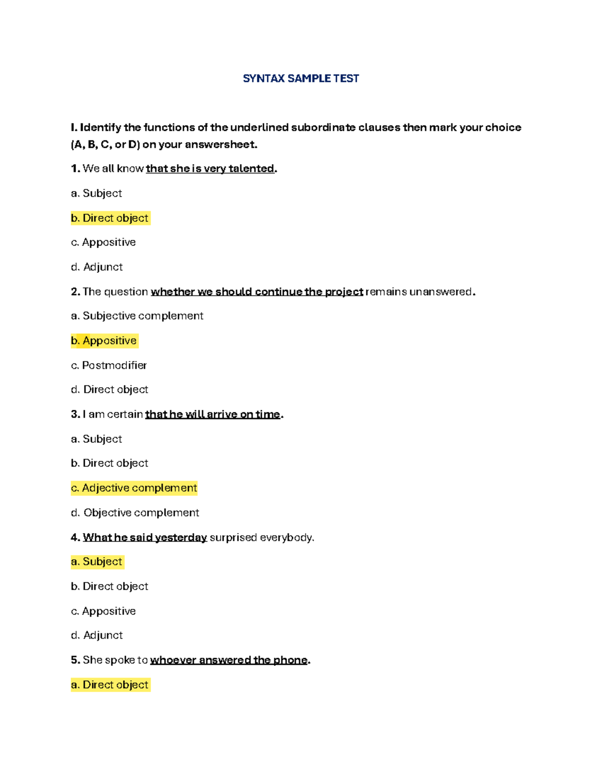 SYNTAX SAMPLE TEST I: Functions of Subordinate Clauses - Studocu