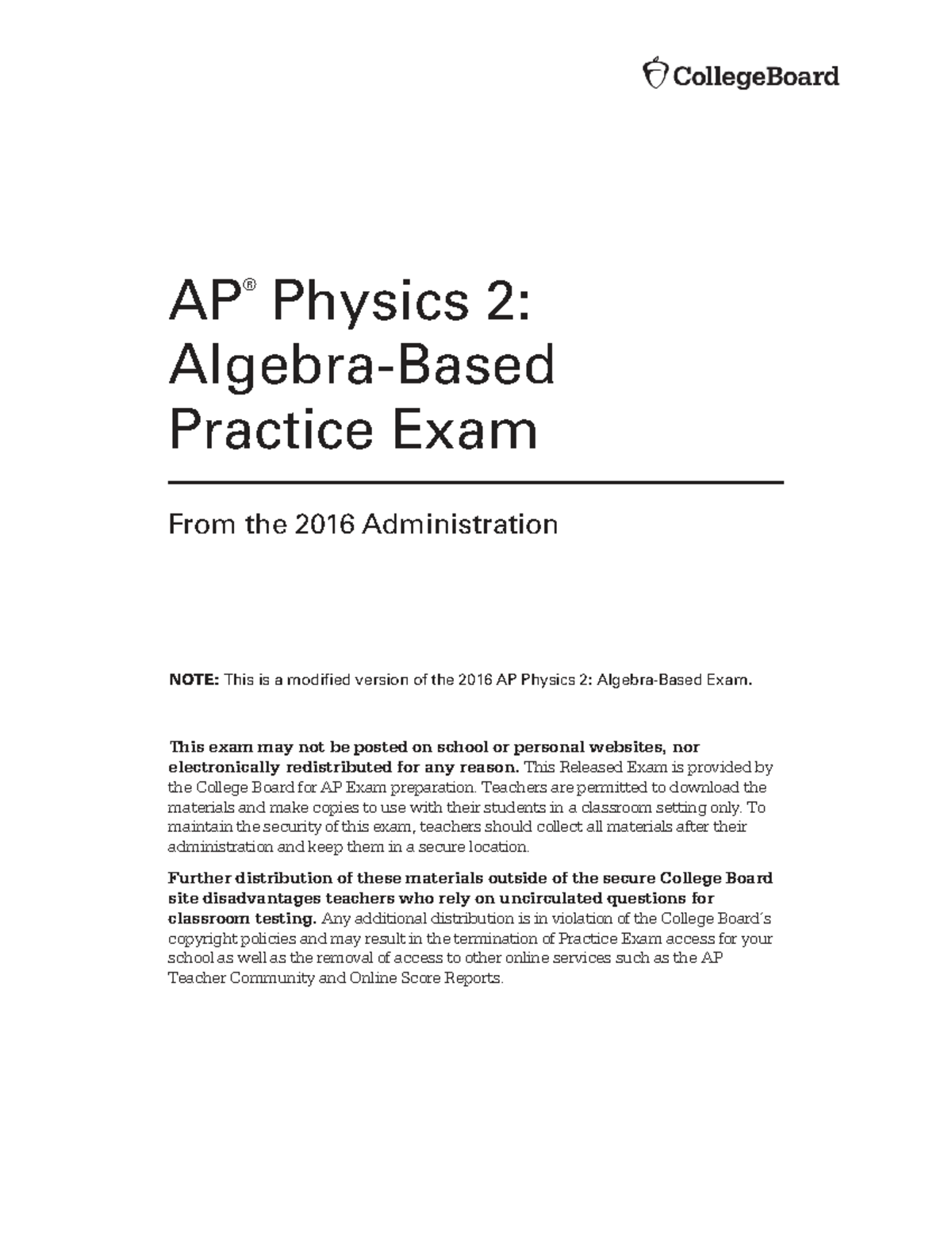 AP Physics 2 2016 - Algebra-Based Practice Exam Free Response - Studocu