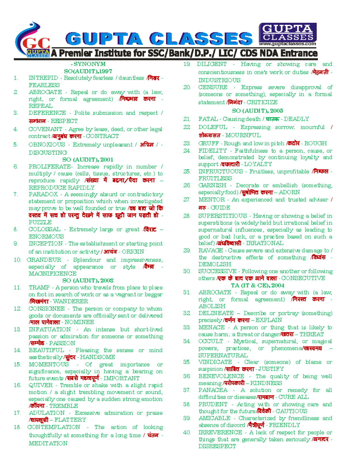 GUPTA CLASSES: Comprehensive Synonyms List for Exam Preparation - Studocu