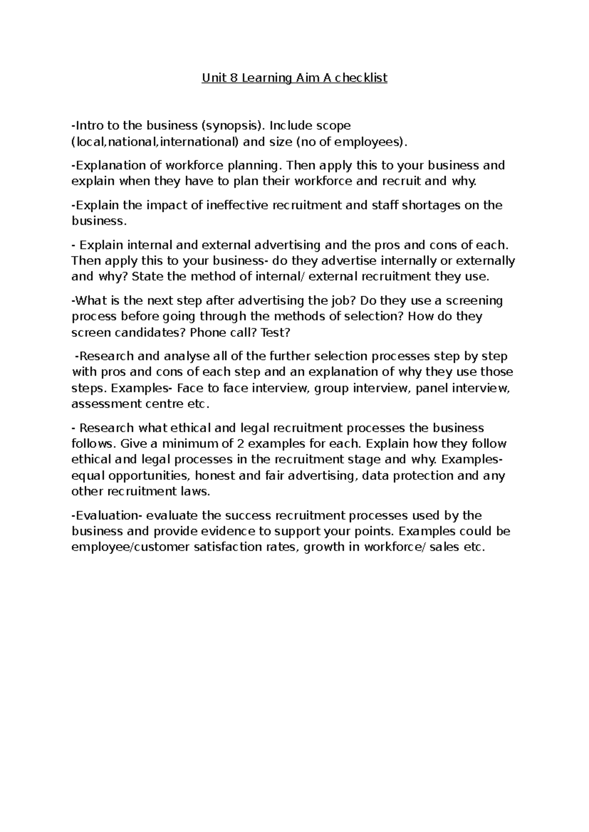 Unit 8 Learning Aim A: Workforce Planning & Recruitment Checklist - Studocu