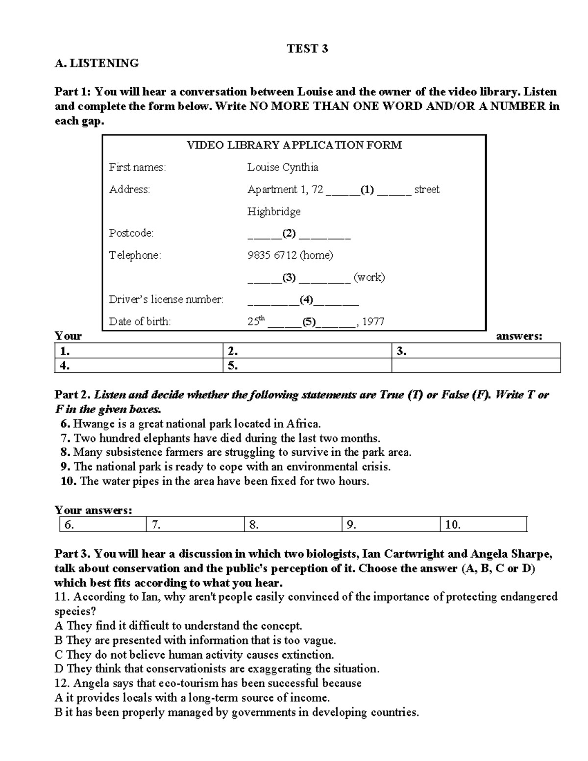 NGHE- TEST 3 - Listening Comprehension Exercise - Studocu