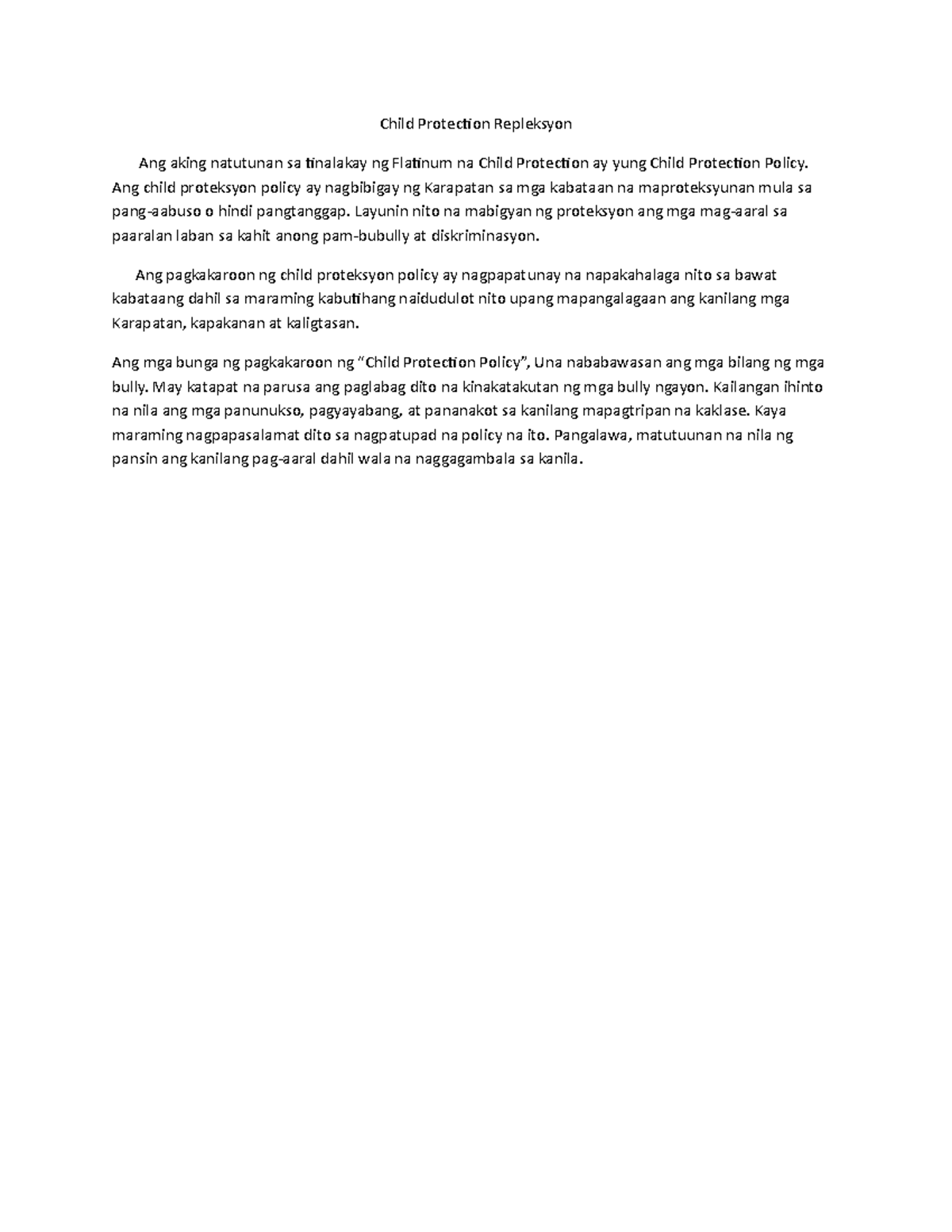 Child Protection Policy Reflection: Insights and Importance - Studocu