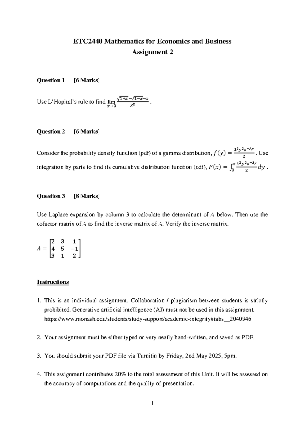 ETC2440 Mathematics for Economics & Business: Assignment 2 Overview ...