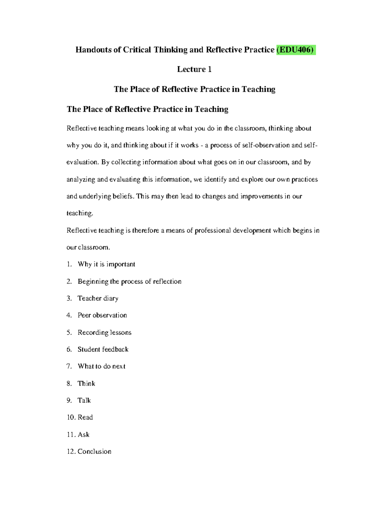 EDU406 Lecture 1: The Role of Reflective Practice in Teaching - Studocu