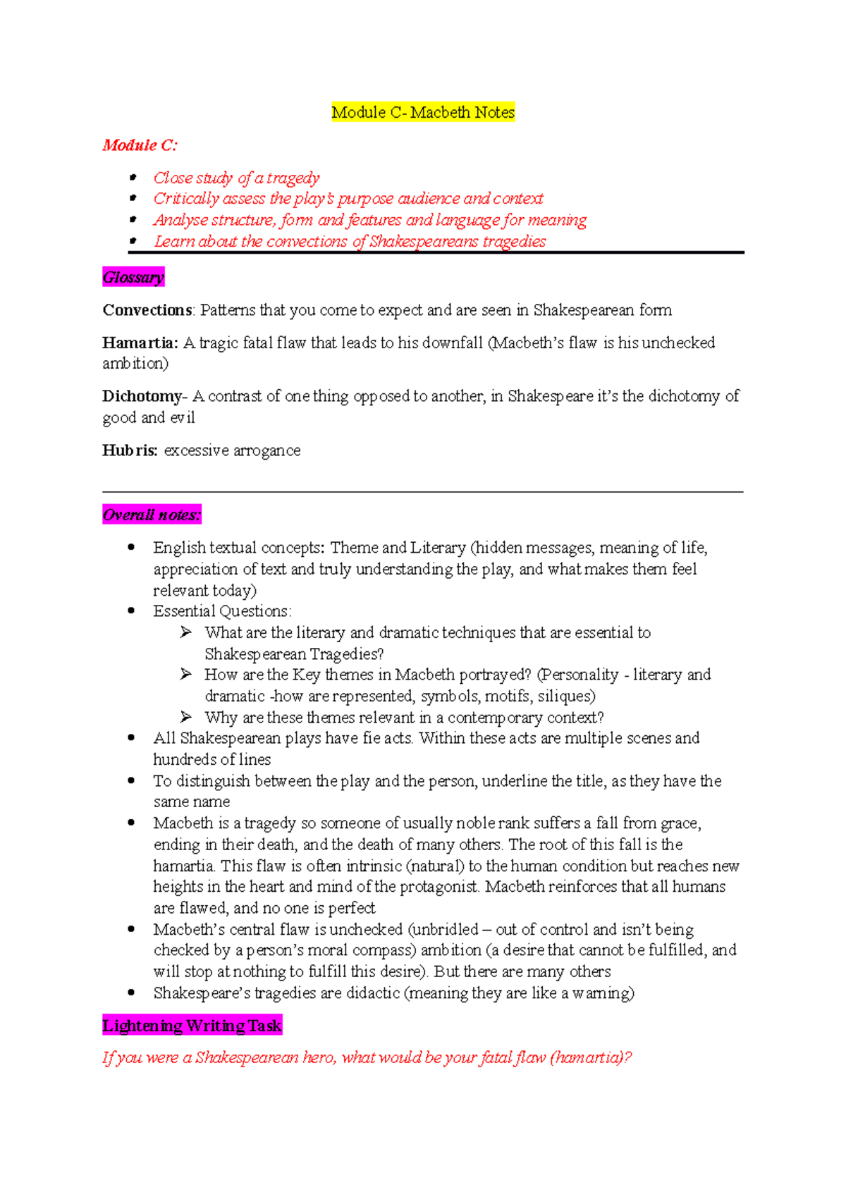 Module C: In-Depth Macbeth Study Notes and Key Themes Analysis - Studocu