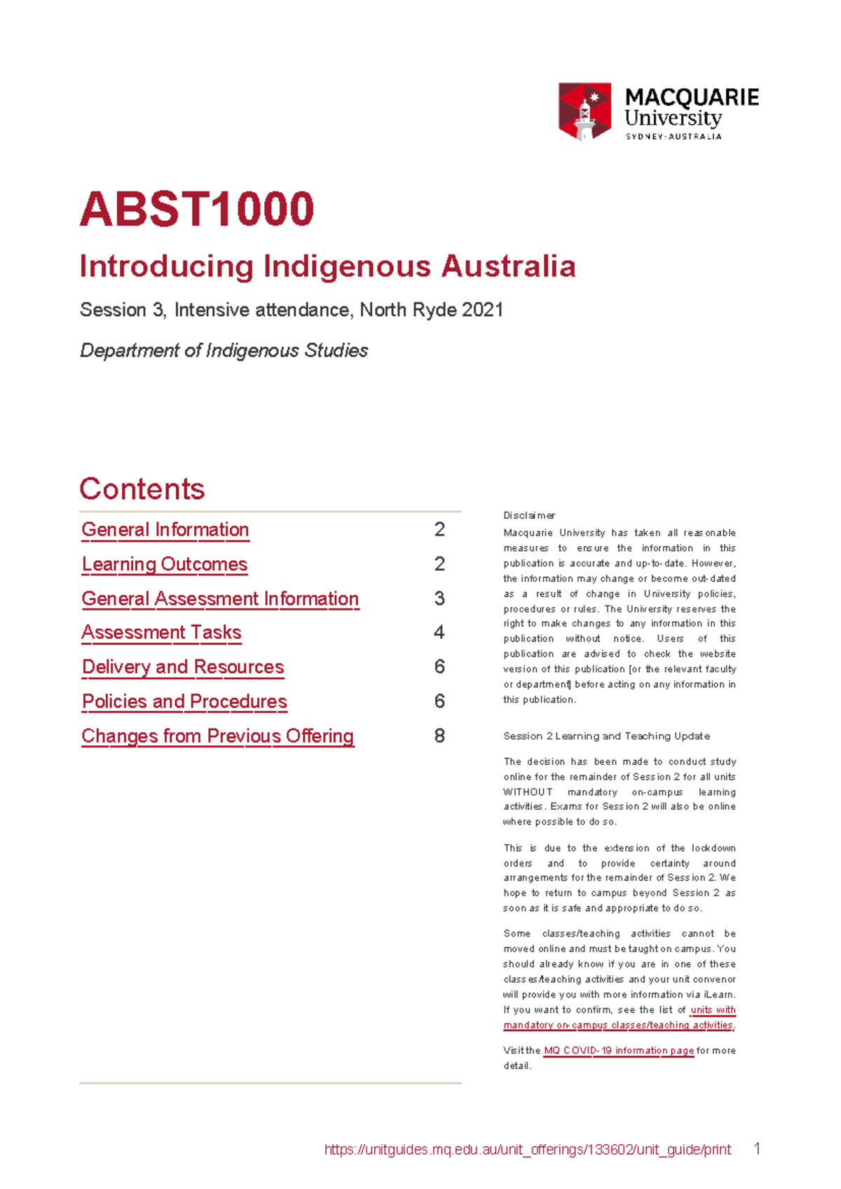 Unit Guide ABST100 0 2021 Session 3, Intensive attendance, North Ryde ...
