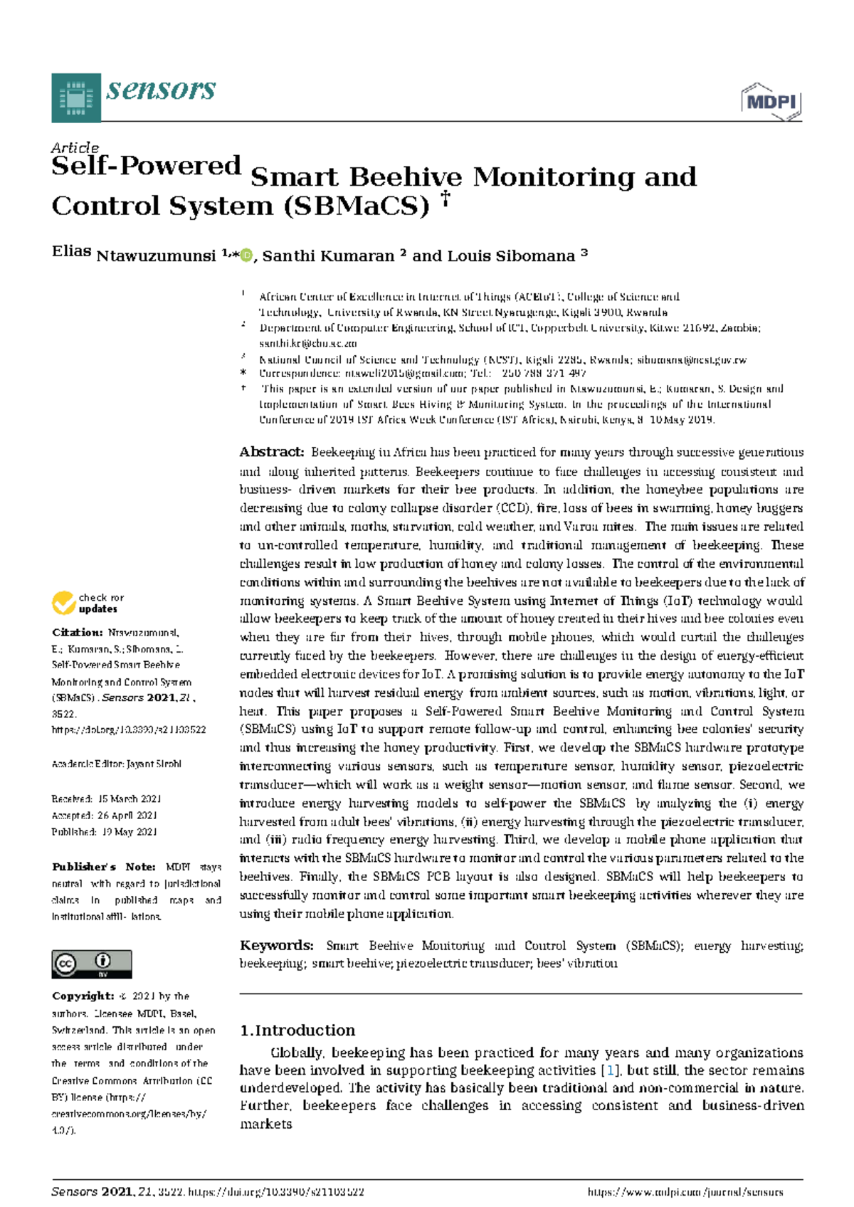 Smart Beehive Monitoring and Control System (SBMaCS) - Sensors 2021 ...