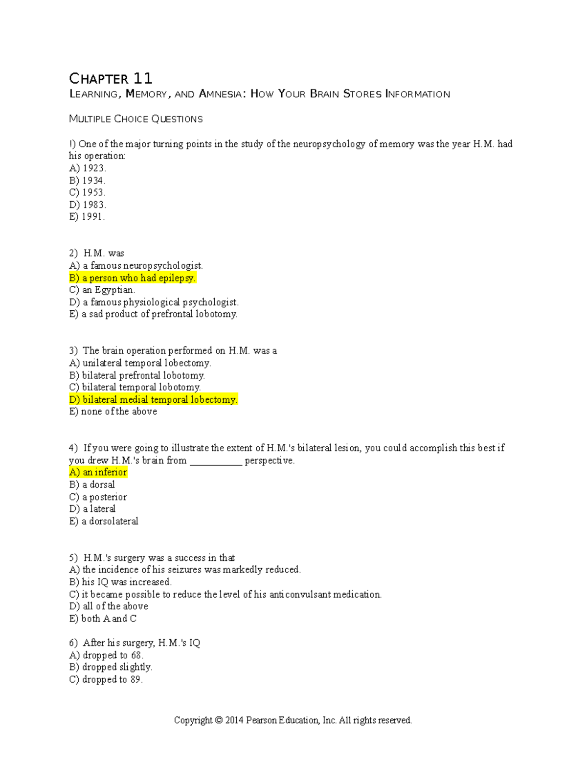 Chapter 11 MCQs: Learning, Memory, and Amnesia Insights - Studocu