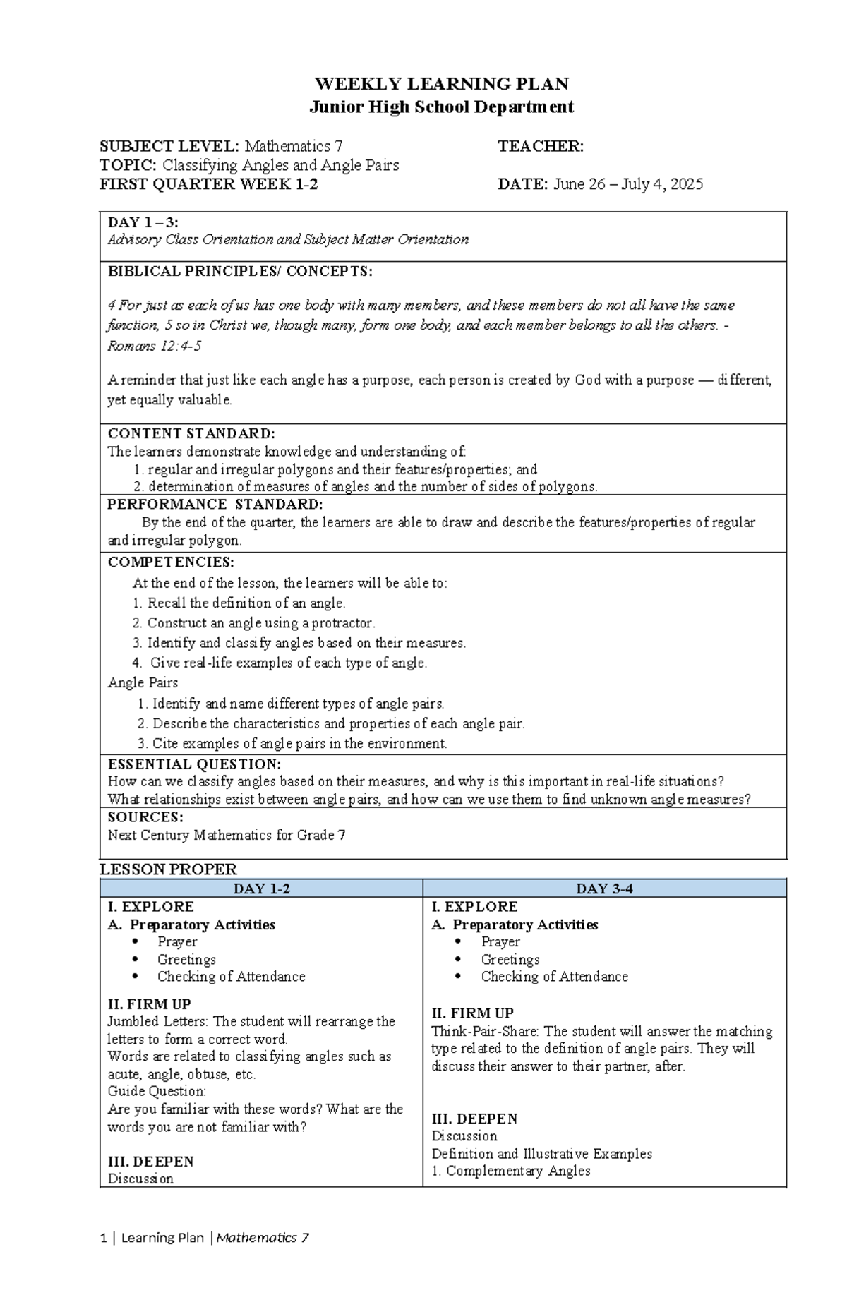 Mathematics 7 Weekly Learning Plan: Classifying Angles & Pairs - Studocu