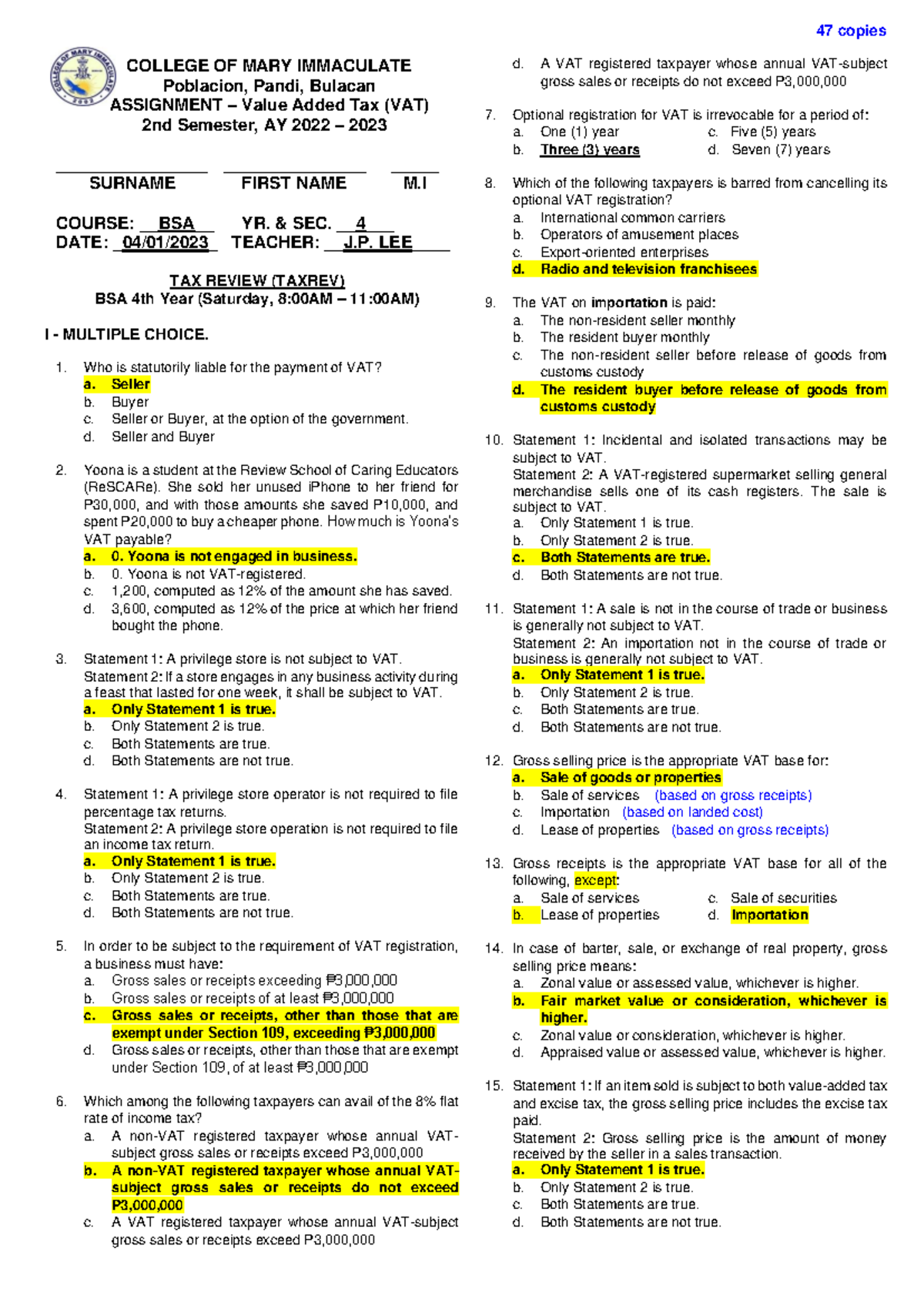 Tax Review (TAXREV) BSA 4th Year: VAT Assignment & MCQs - Studocu