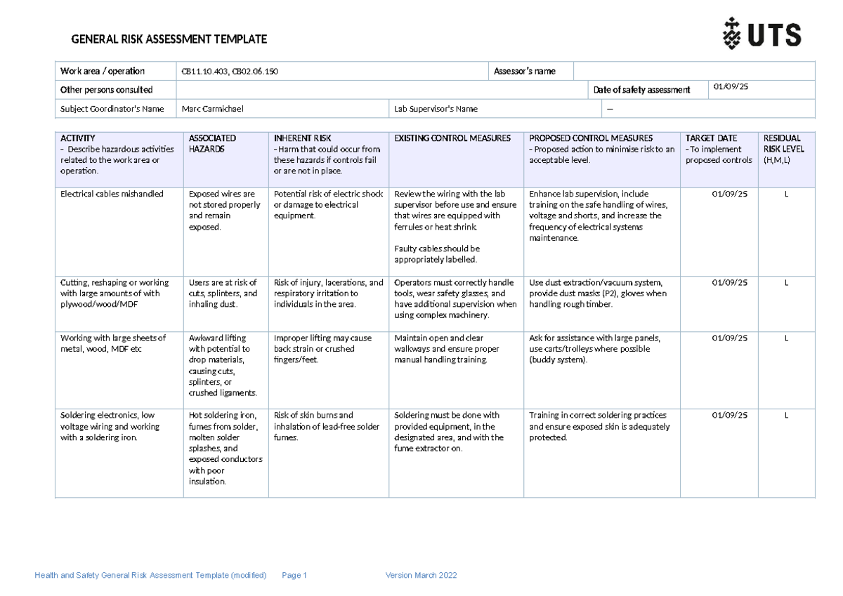 Risk Assessment Template for Project 501 - CB11.10.403 & CB02.06.150 ...