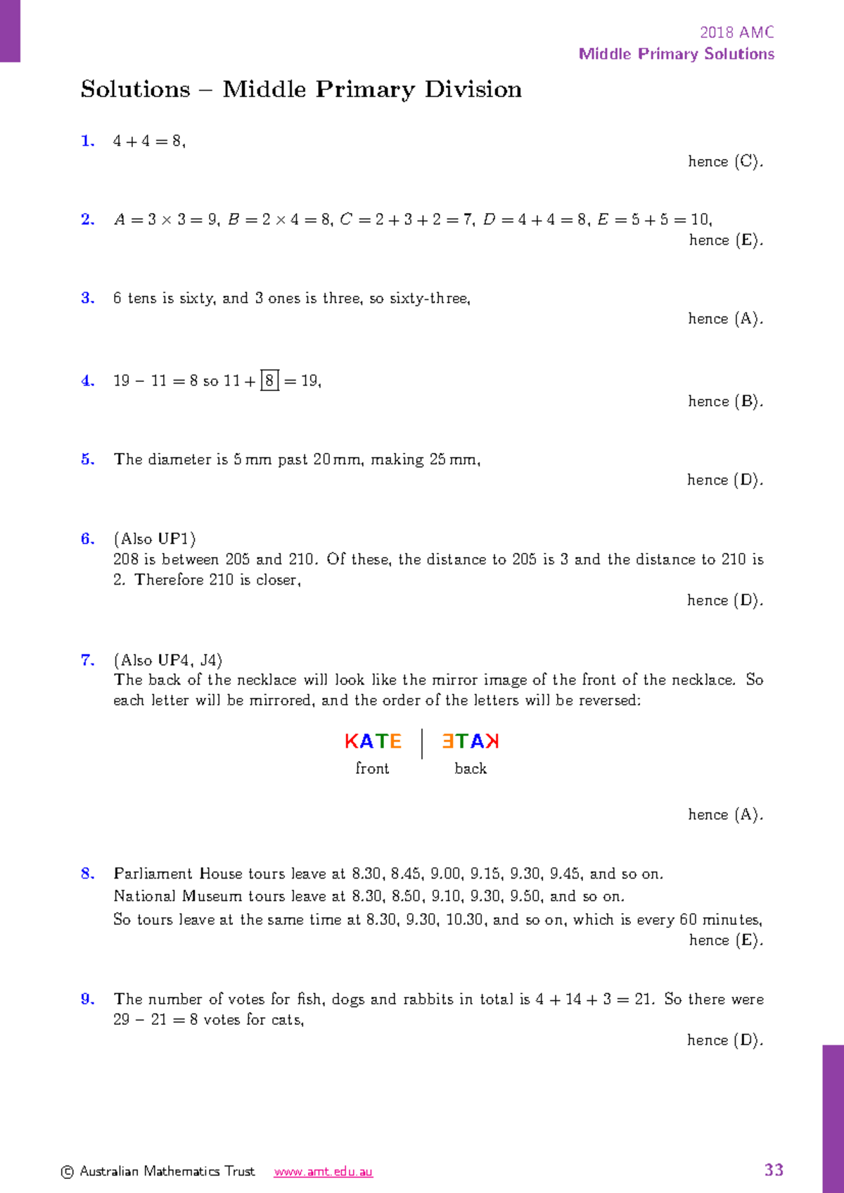 AMC Middle Primary 2018 Solutions: Complete Answer Guide - Studocu