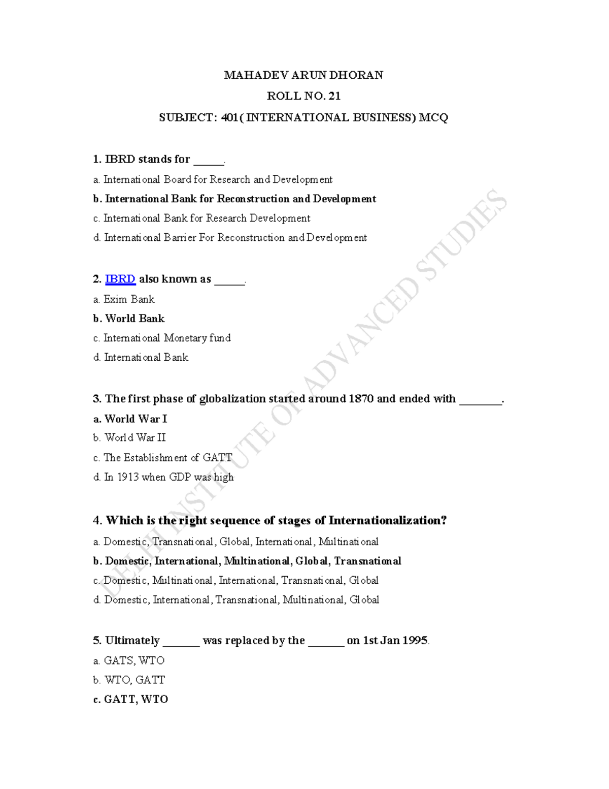 International Business MCQs - 401 (Exam Prep Notes) - Studocu
