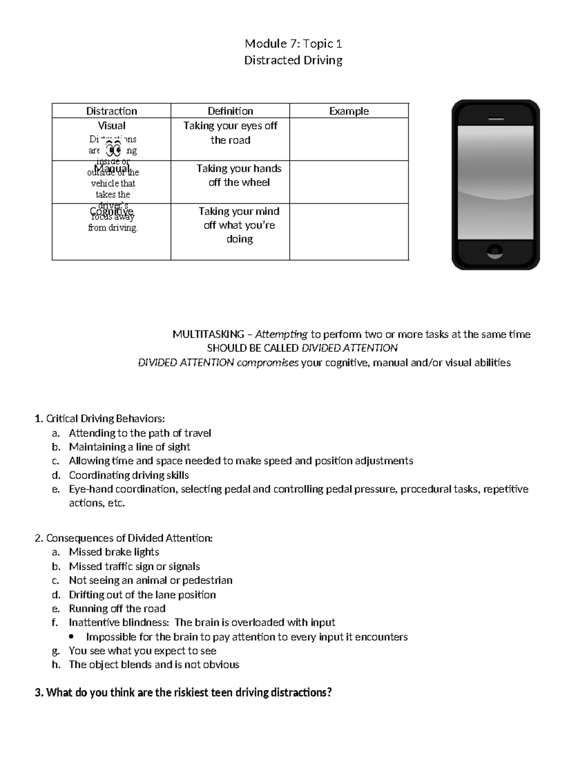 Module 7 Teacher Notes - Cbvbcf - Module 7: Topic 1 Distracted Driving ...