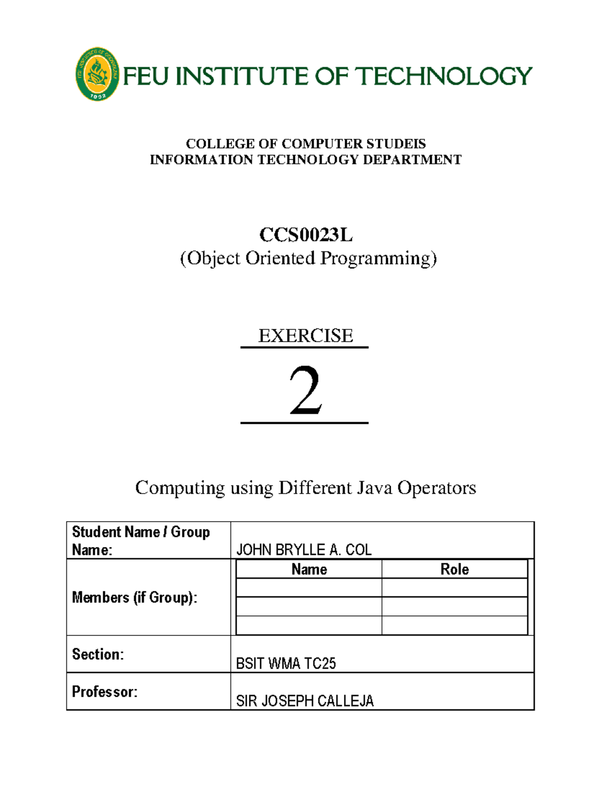 Lab Exp 2 (Computing using Different Java Operators)-1 - COLLEGE OF ...