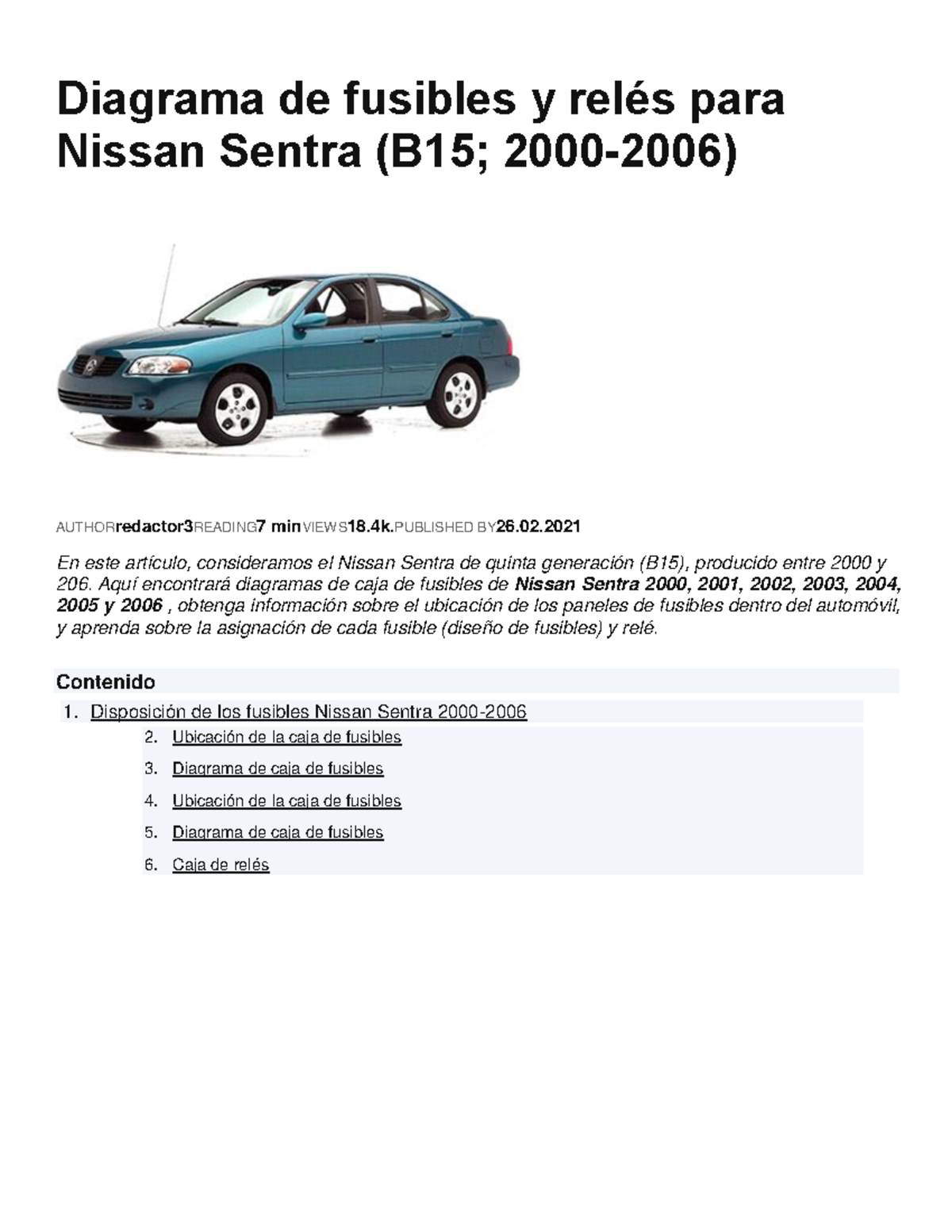 [TM] Diagrama de Fusibles y Relés para Nissan Sentra (2000-2006) - Document Preview