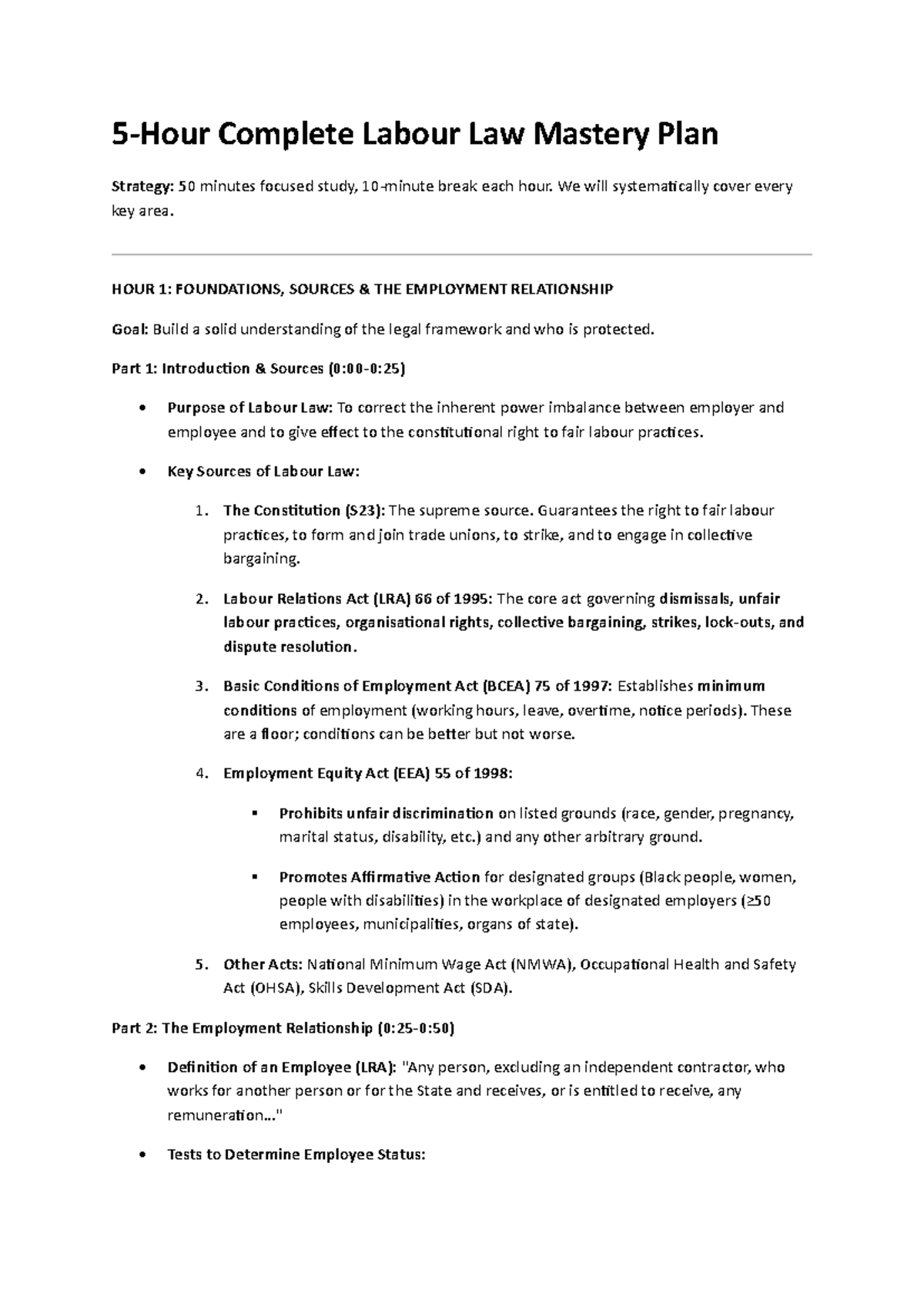 Labour Law (LL101): Comprehensive 5-Hour Study Notes - Studocu