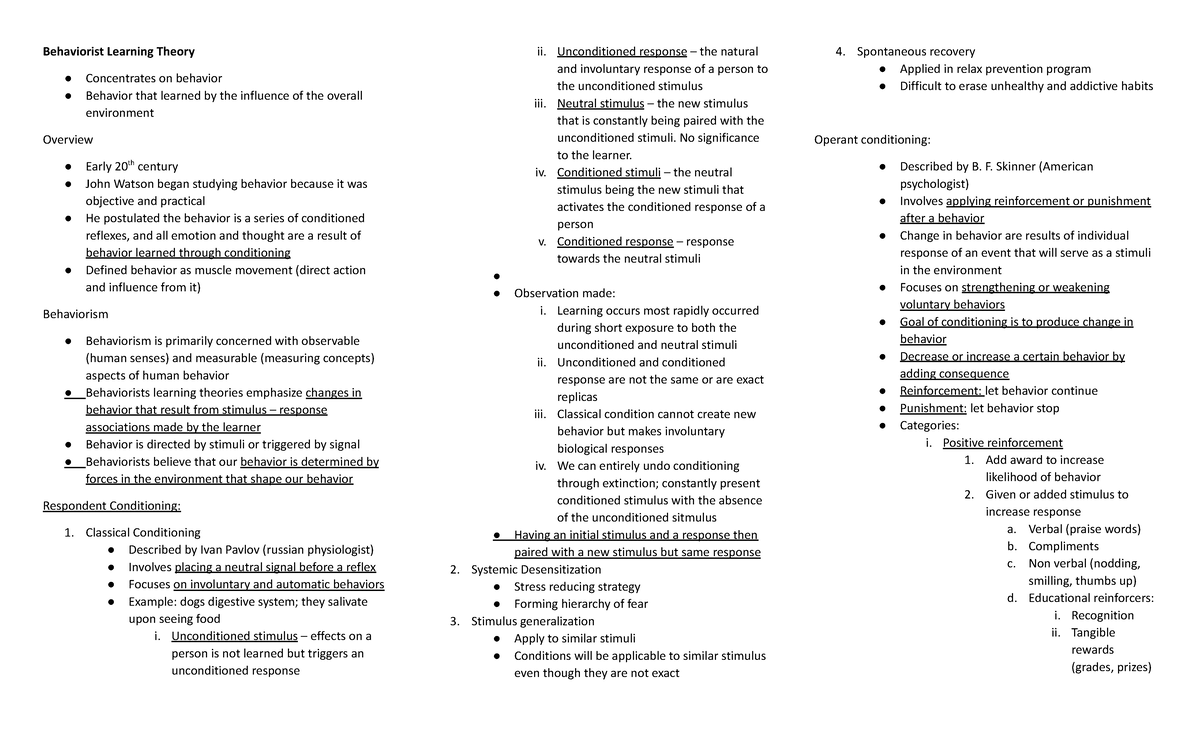 NUR 312: Comprehensive Notes on Behaviorist and Cognitive Learning ...