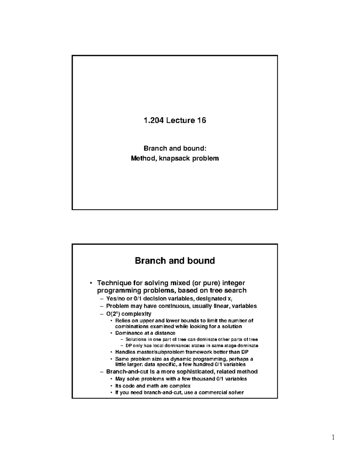 1.204 Lecture 16: Branch and Bound Techniques for Knapsack Problem ...