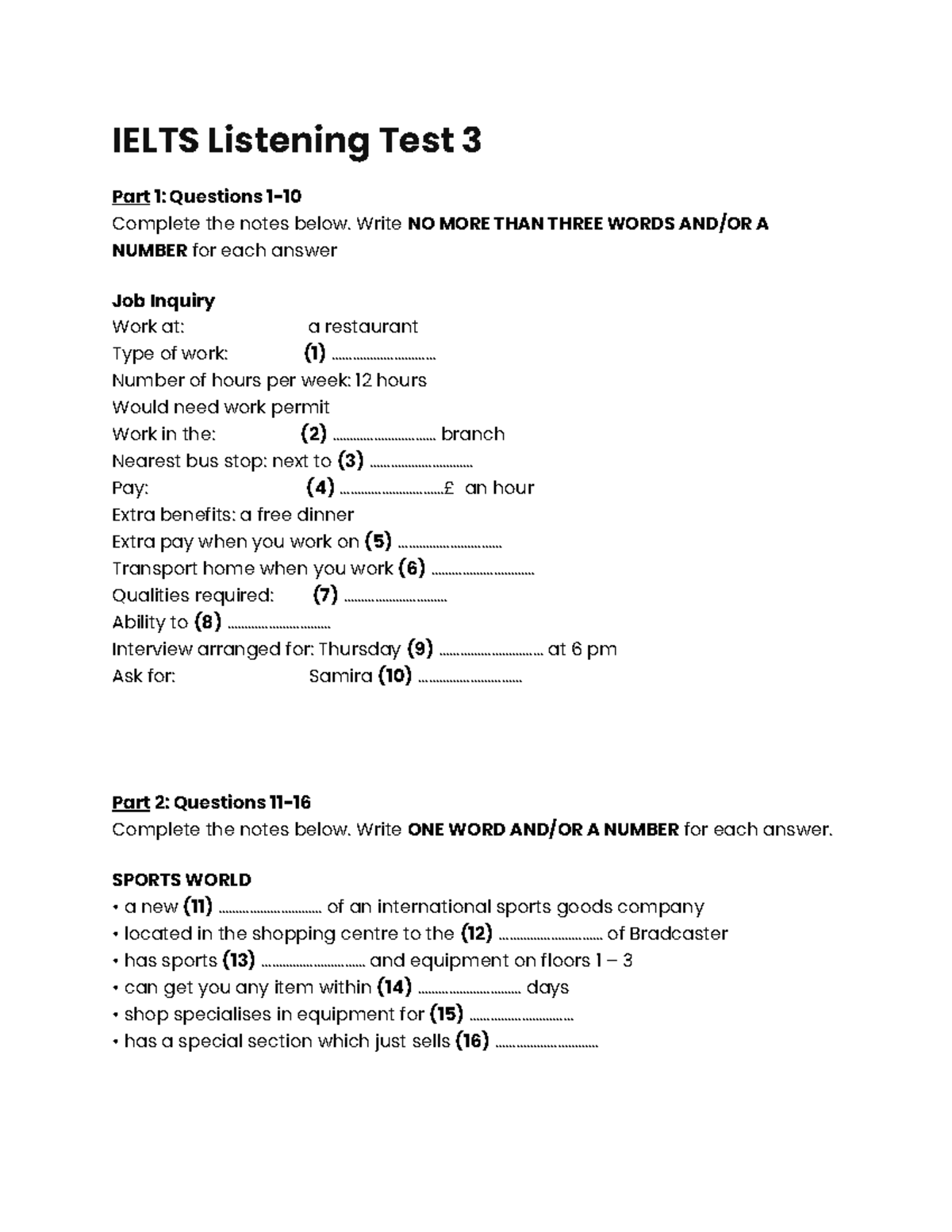 IELTS Listening Test 3: Complete Notes and Questions - Studocu