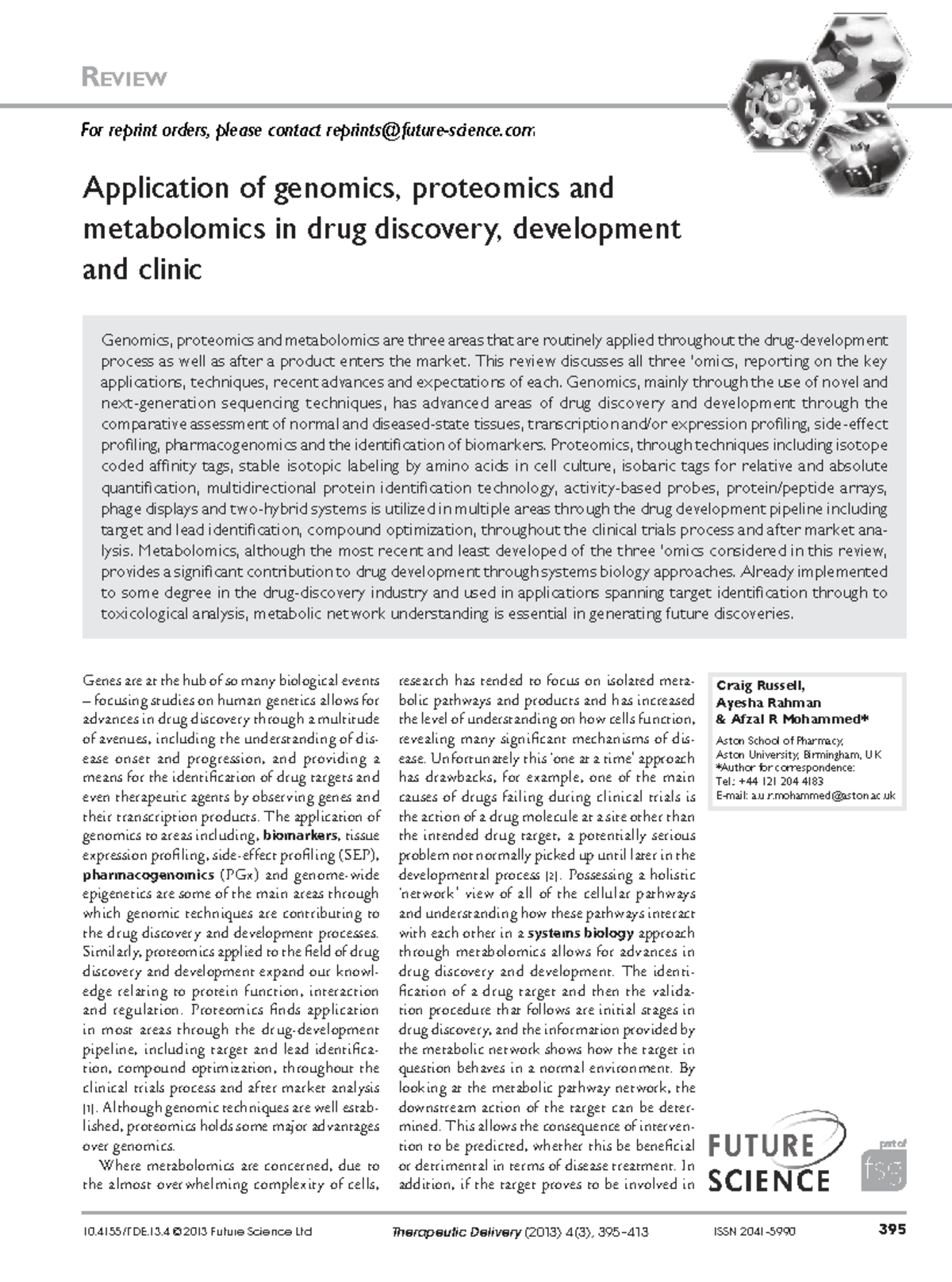 Application of Genomics, Proteomics & Metabolomics in Drug Discovery ...