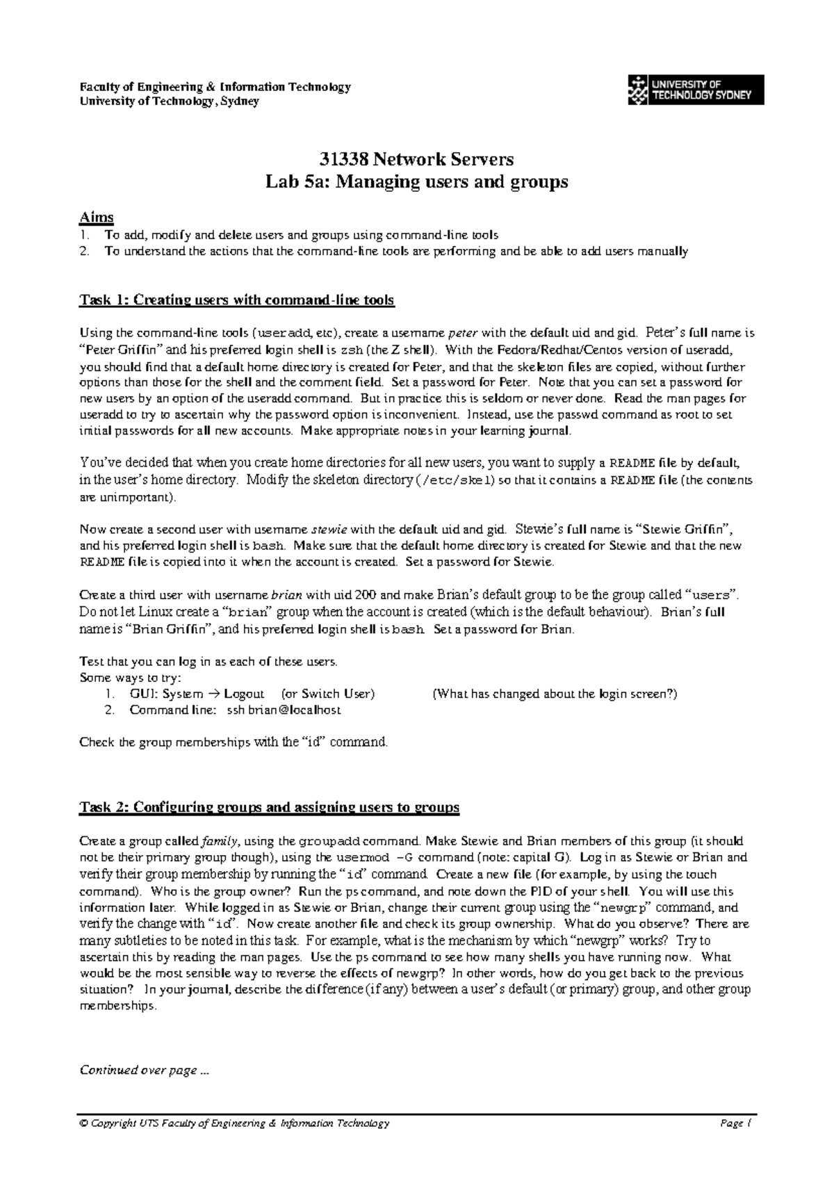 Lab 5a - User and Group Management Techniques in Network Servers (31338 ...