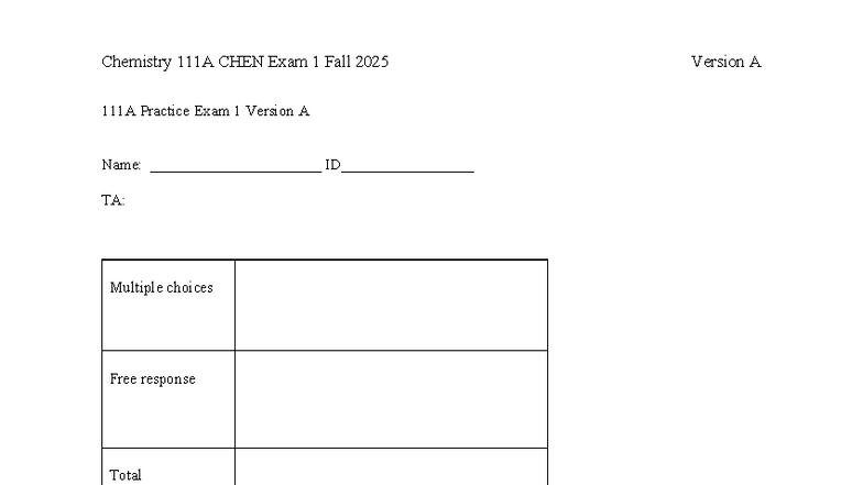 Chemistry CHEN Exam 1 Fall 2025 Practice Exam 1 Key Version A - Studocu
