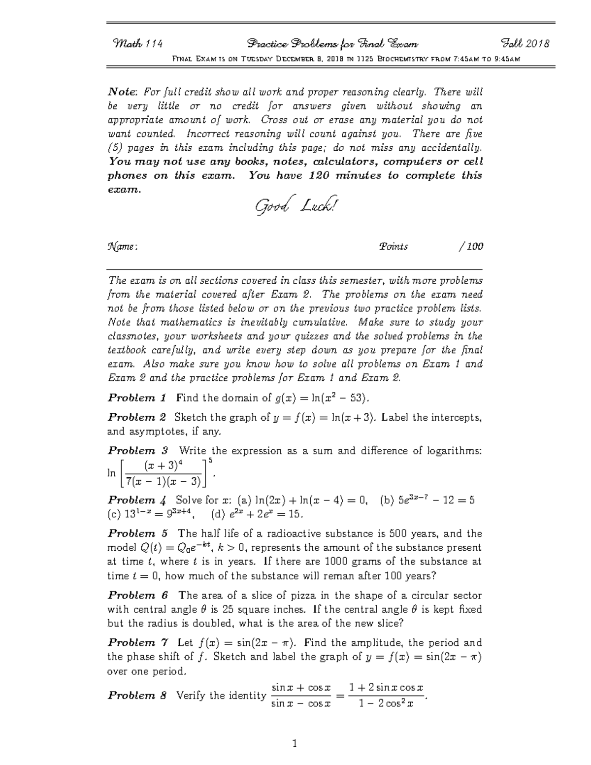 Math 114 Final Exam Practice Problems - Fall 2018 Guide - Studocu
