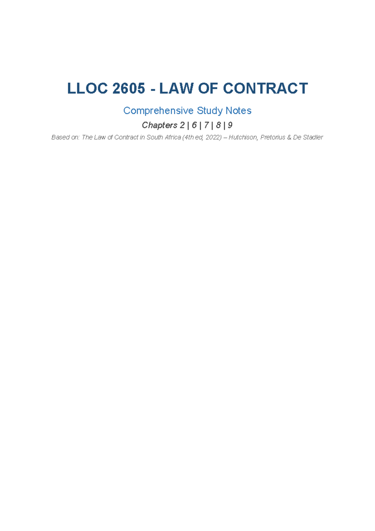 LLOC 2605 LAW OF CONTRACT Comprehensive Study Notes on Chapters 2-9 ...