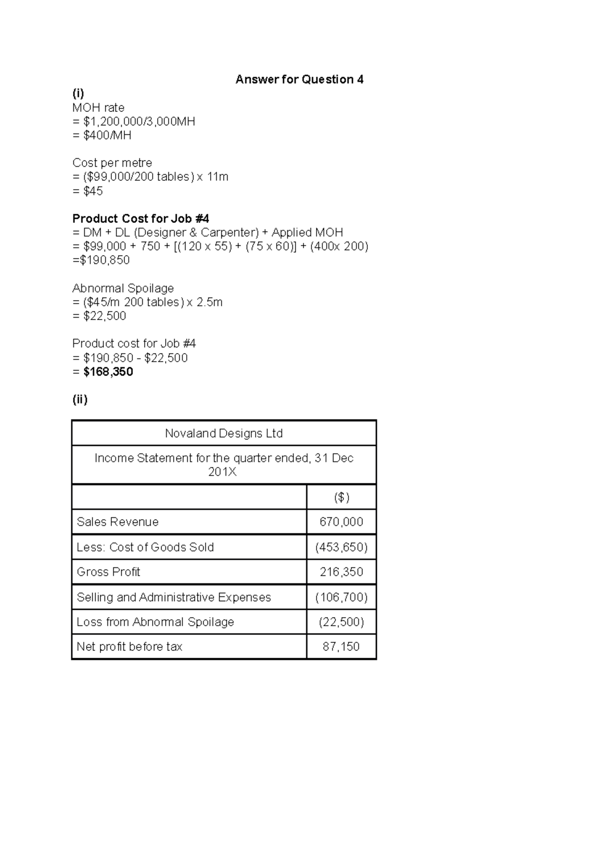 Answer for Question 4: Class Activity Analysis and Calculations - Studocu