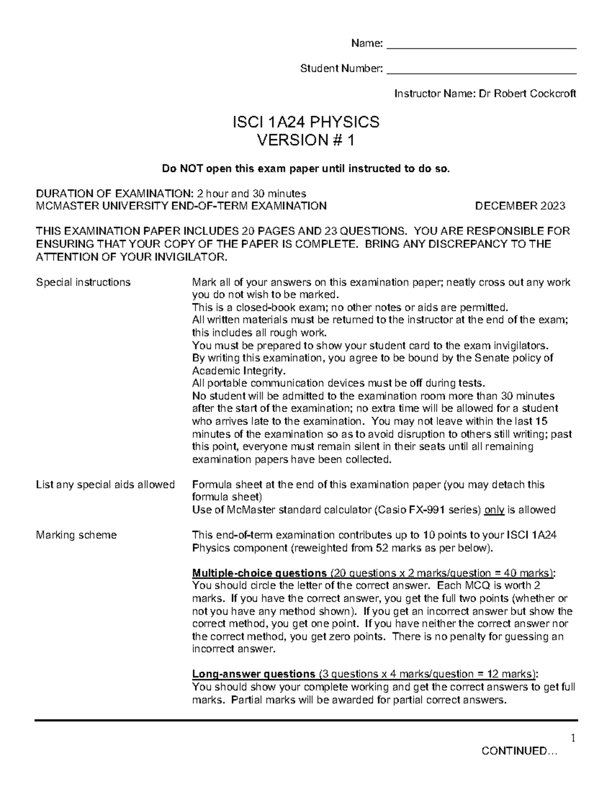 ISCI 1A24 Physics Final Exam - December 2023 Answers - Studocu