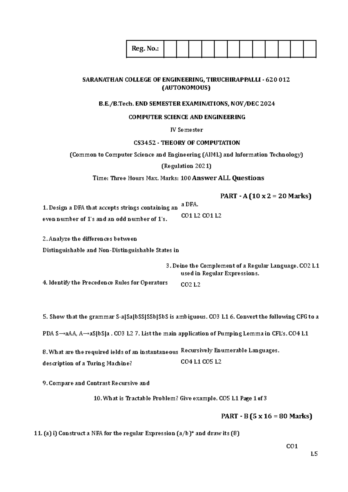 CS3452 Final Exam Notes: Theory of Computation - Studocu