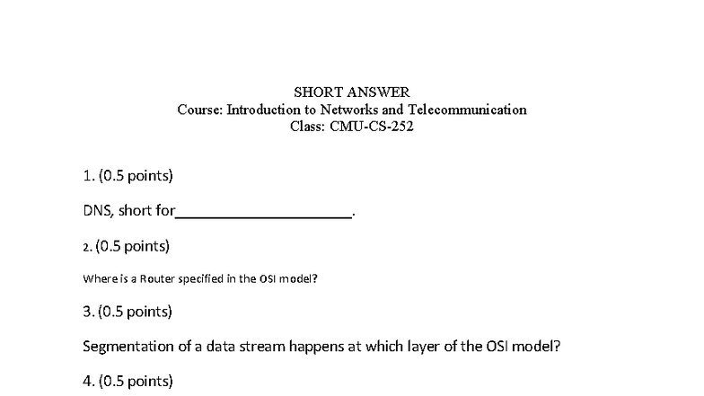 Short Answer Study Guide: Intro to Networks & Telecommunication (Course ...