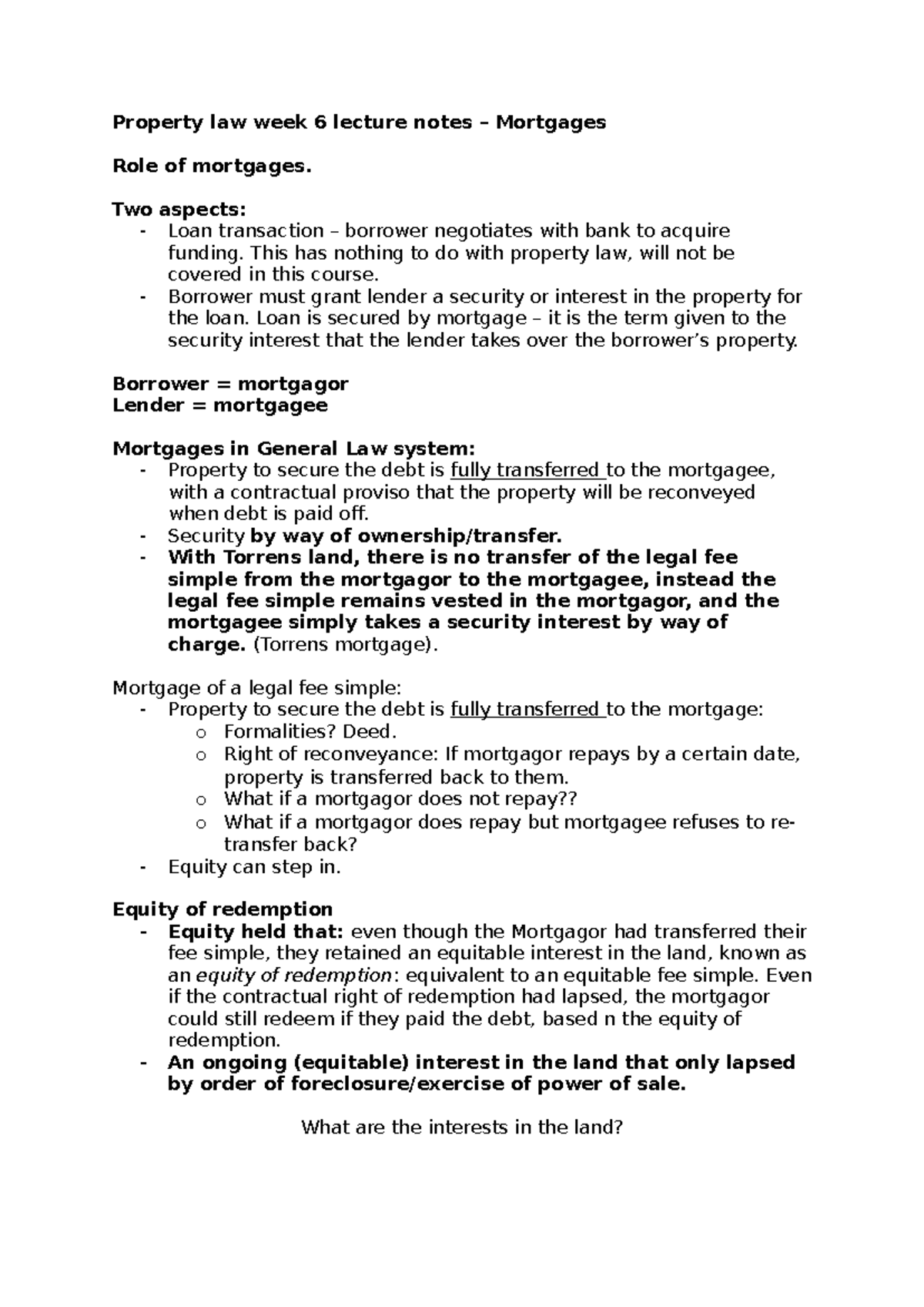 Property Law Week 6 Lecture Notes: Mortgages and Borrower's Rights ...