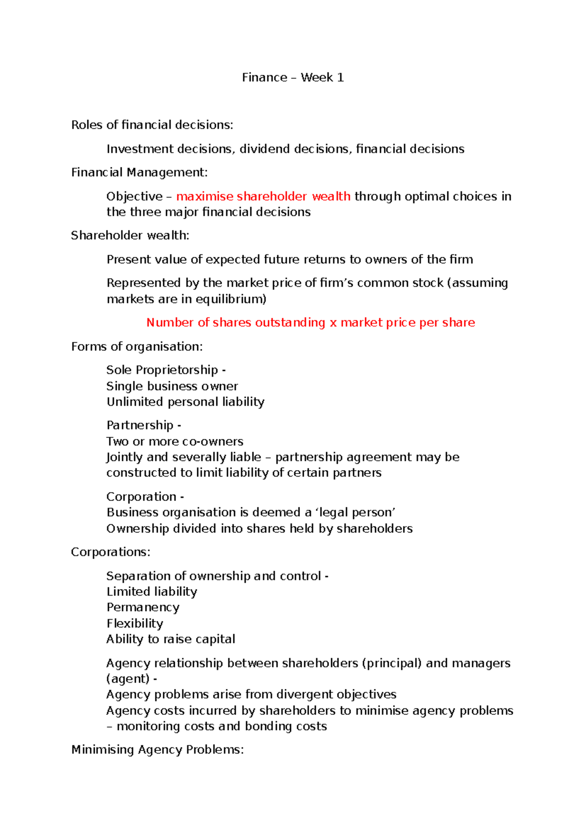 Finance - Week 1 - Week 1 Notes - Finance – Week 1 Roles of financial ...