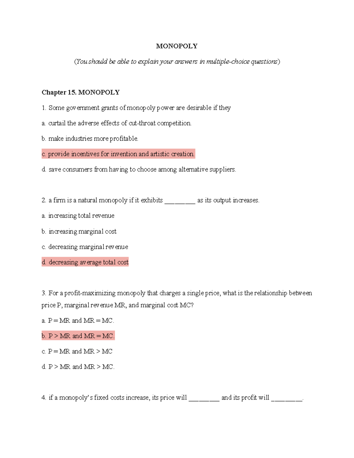 ECON 2211: Chapter 15 - Monopoly Concepts and Questions - Studocu
