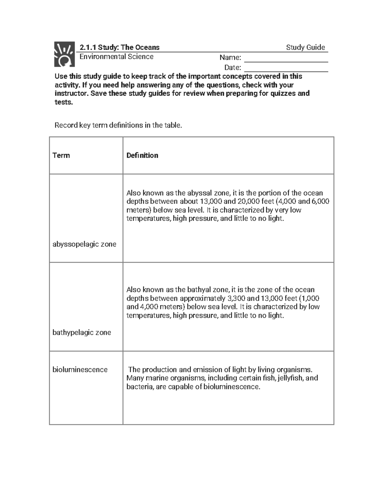 2.1.1 Study Guide: Key Concepts of The Oceans in Environmental Science ...