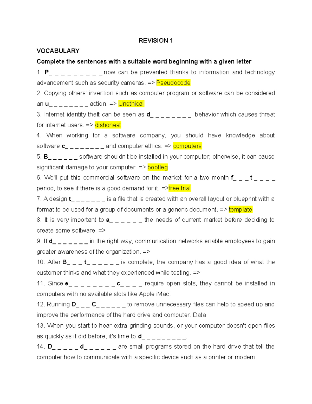 Picture of REVISION 1 - VOCABULARY & GRAMMAR EXERCISES - Studocu