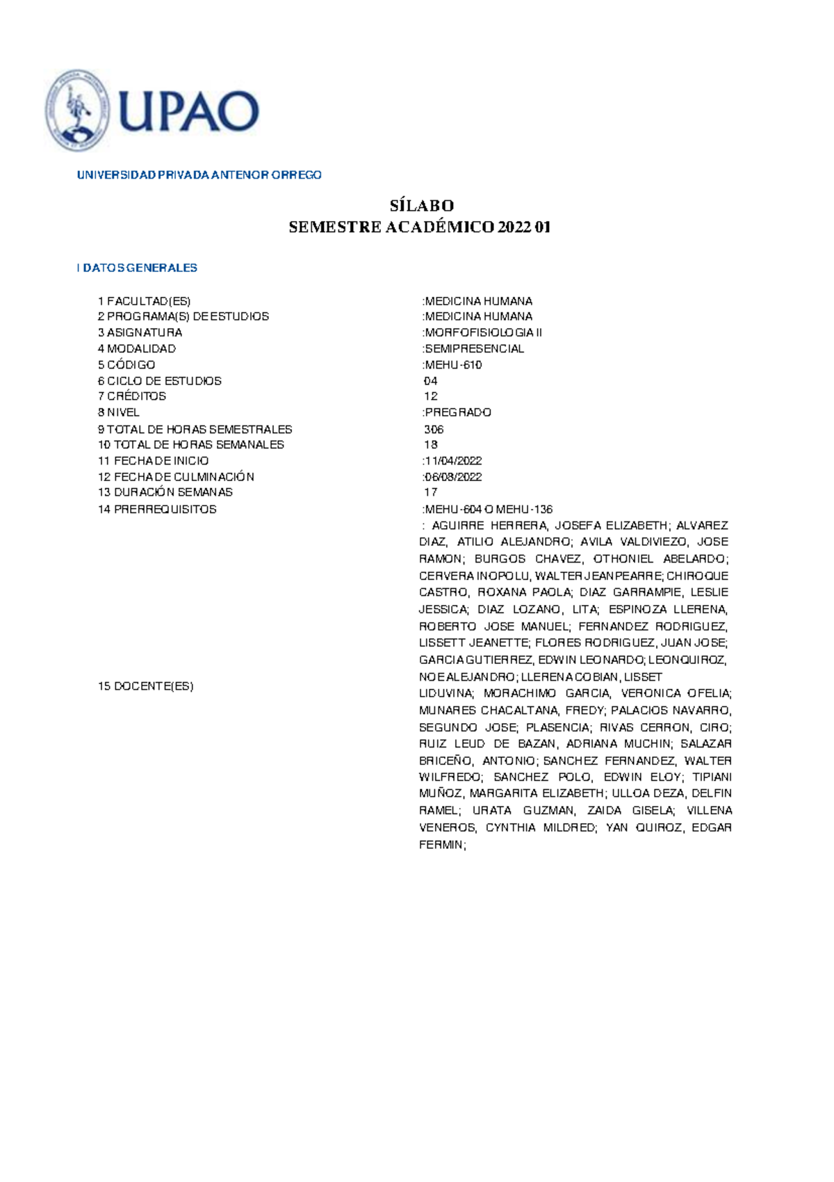 Sílabo de Morfofisiología II (MEHU-) Semestre 2022-1 - Document Preview