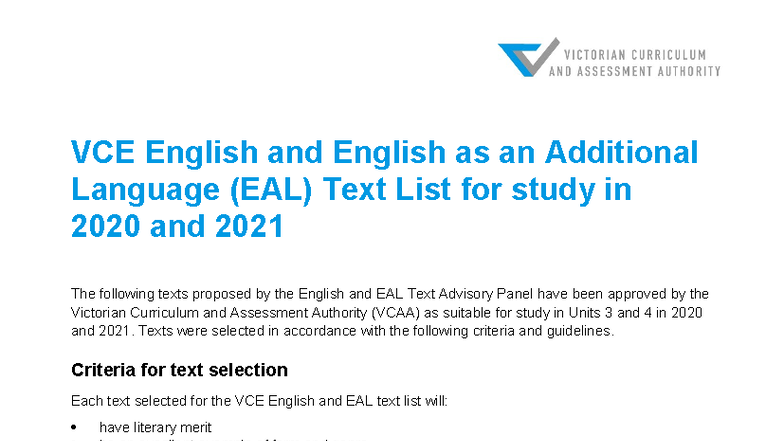 VCE English & EAL Text List for Study: 2020-2021 Overview - Studocu