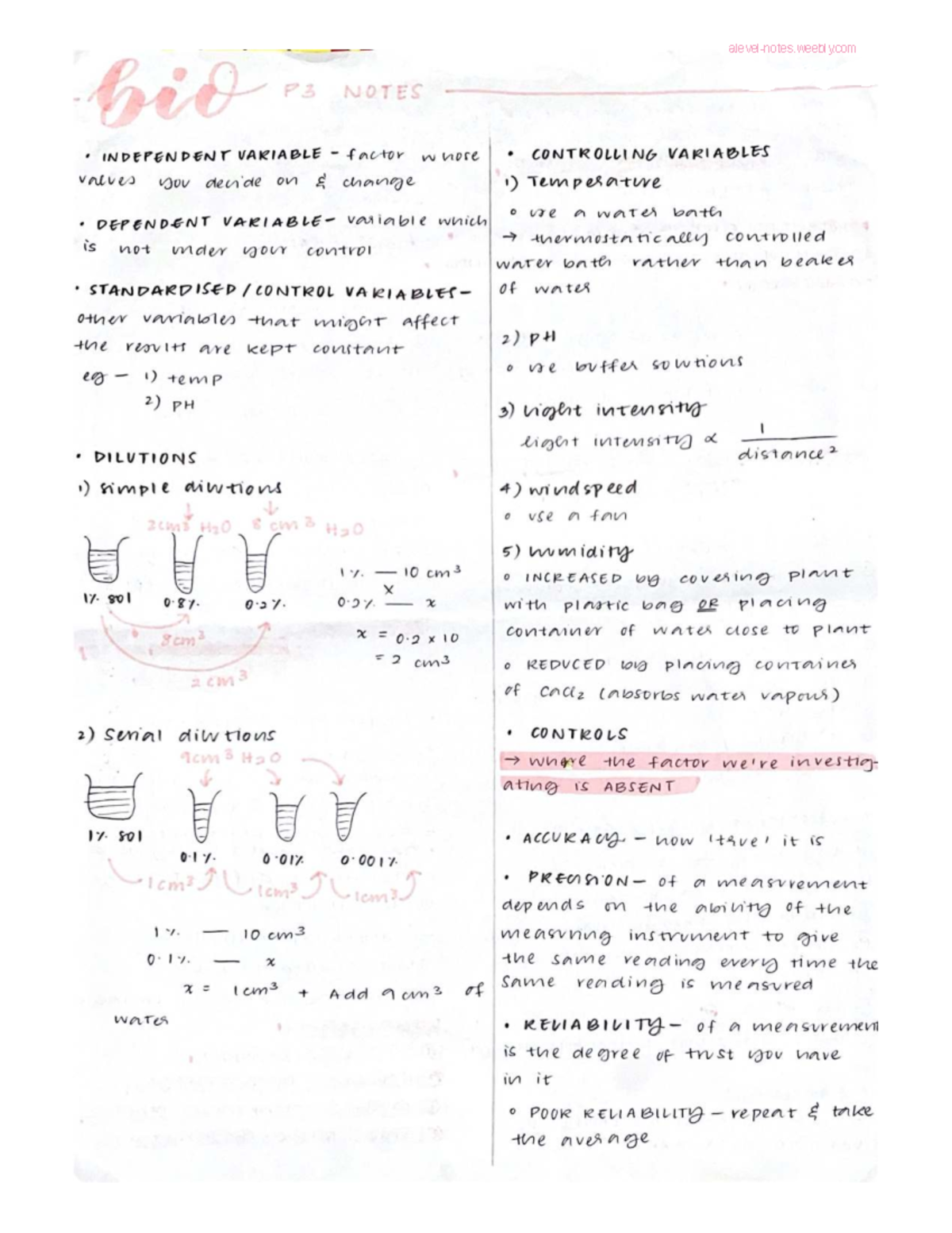 Bio P3 Notes: Controlling Variables in Experiments - Studocu