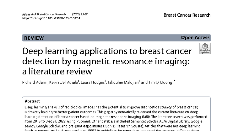 Deep Learning Applications for Breast Cancer Detection: A Review (2023 ...