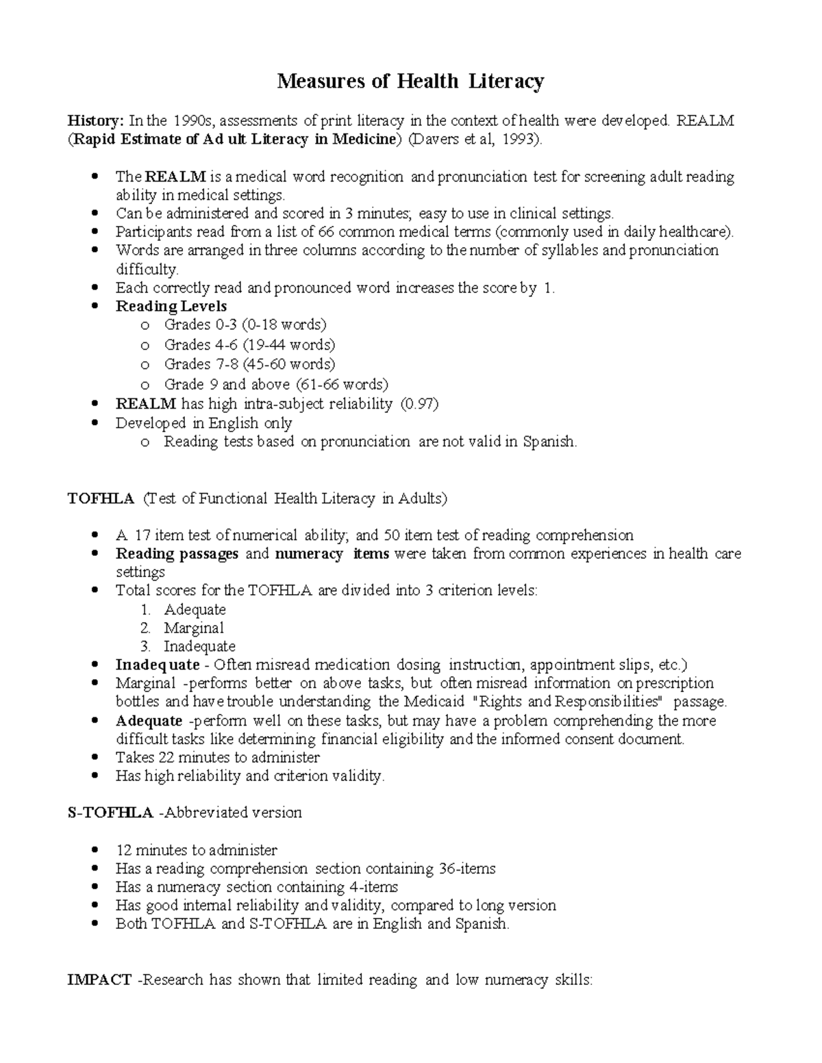 Health Literacy Assessment Tools: REALM & TOFHLA Overview - Studocu